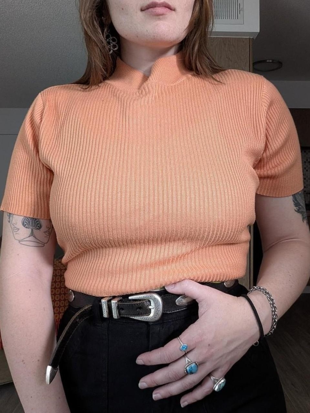 Peachy Ribbed Short Sleeve Mock Neck Top
